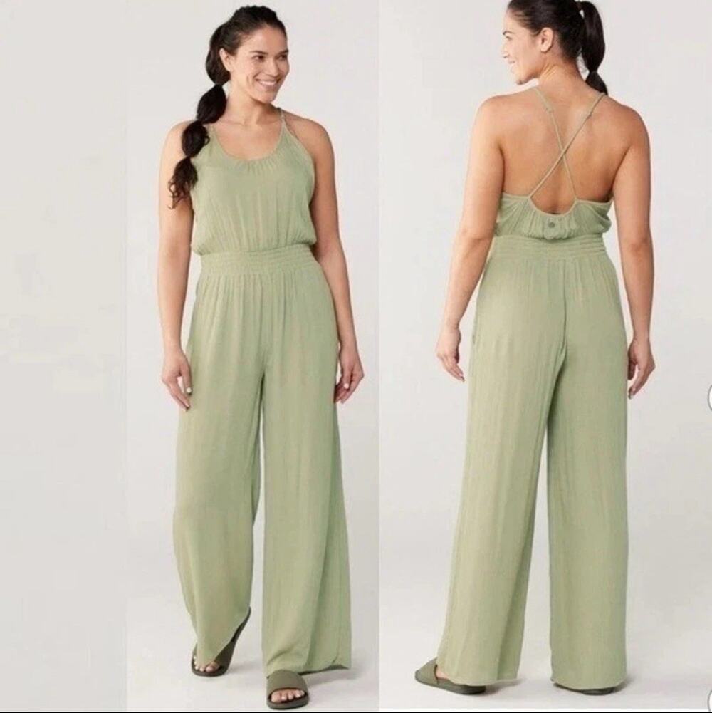 Prana Fernie Sage Green Wide Leg Modal Jumpsuit Medium Crinkle Beach Boho Casual